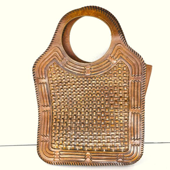 Vintage Handbags - Vintage 70 Faux Tooled Leather Cognac Brown Boho Purse Handbag